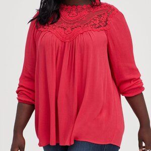 17. NWT Torrid Crinkle Gauze Crochet Detail Top Pink 2X